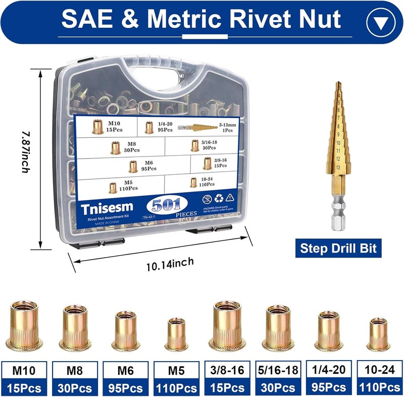 Tnisesm Rivet Nut Tool Kit with 501Pcs Rivet Nuts(10-24，1/4-20, 5/16-18, 3/8-16, M5, M6, M8, M10) 8Pcs Metric & SAE Mandrels, Step Drill Bit and Rugged Carrying Case Nutsert Tool Kit - Image 4